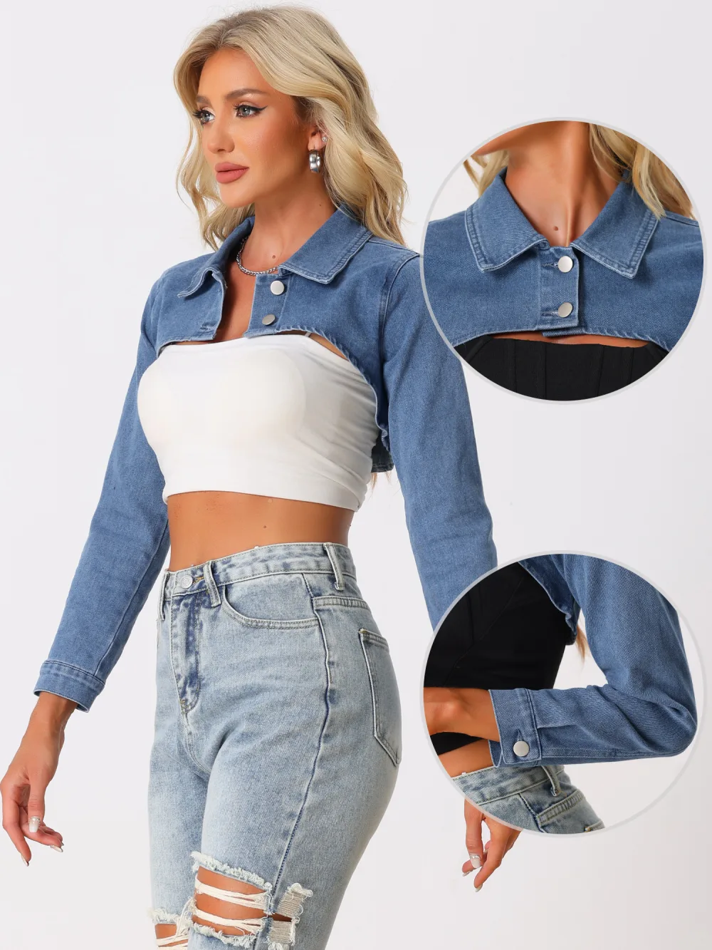 Allegra K- Button Long Sleeve Crop Denim Jackets