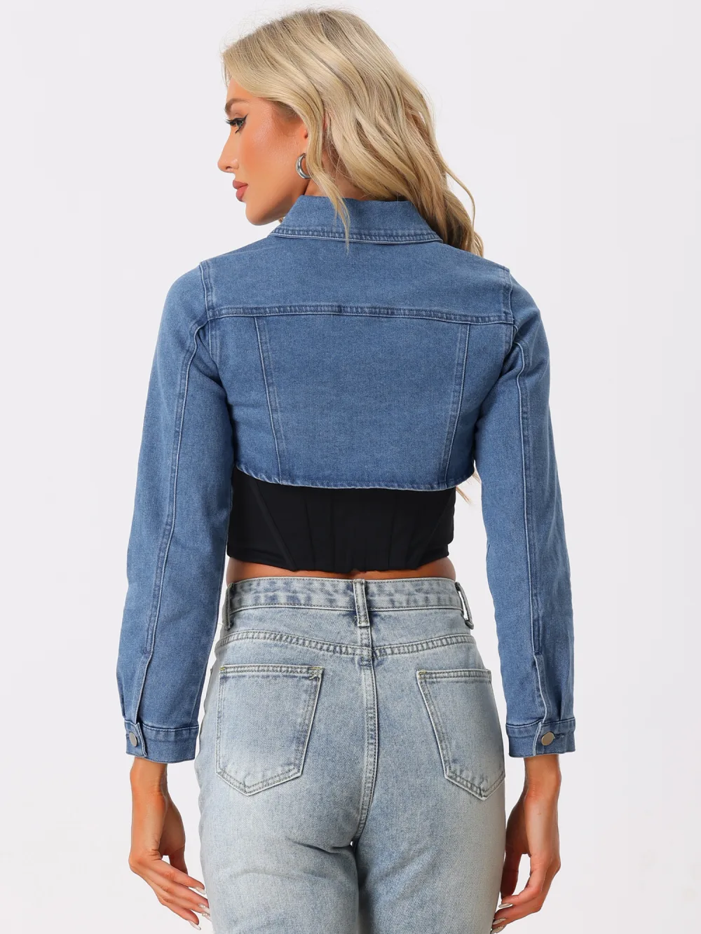 Allegra K- Button Long Sleeve Crop Denim Jackets