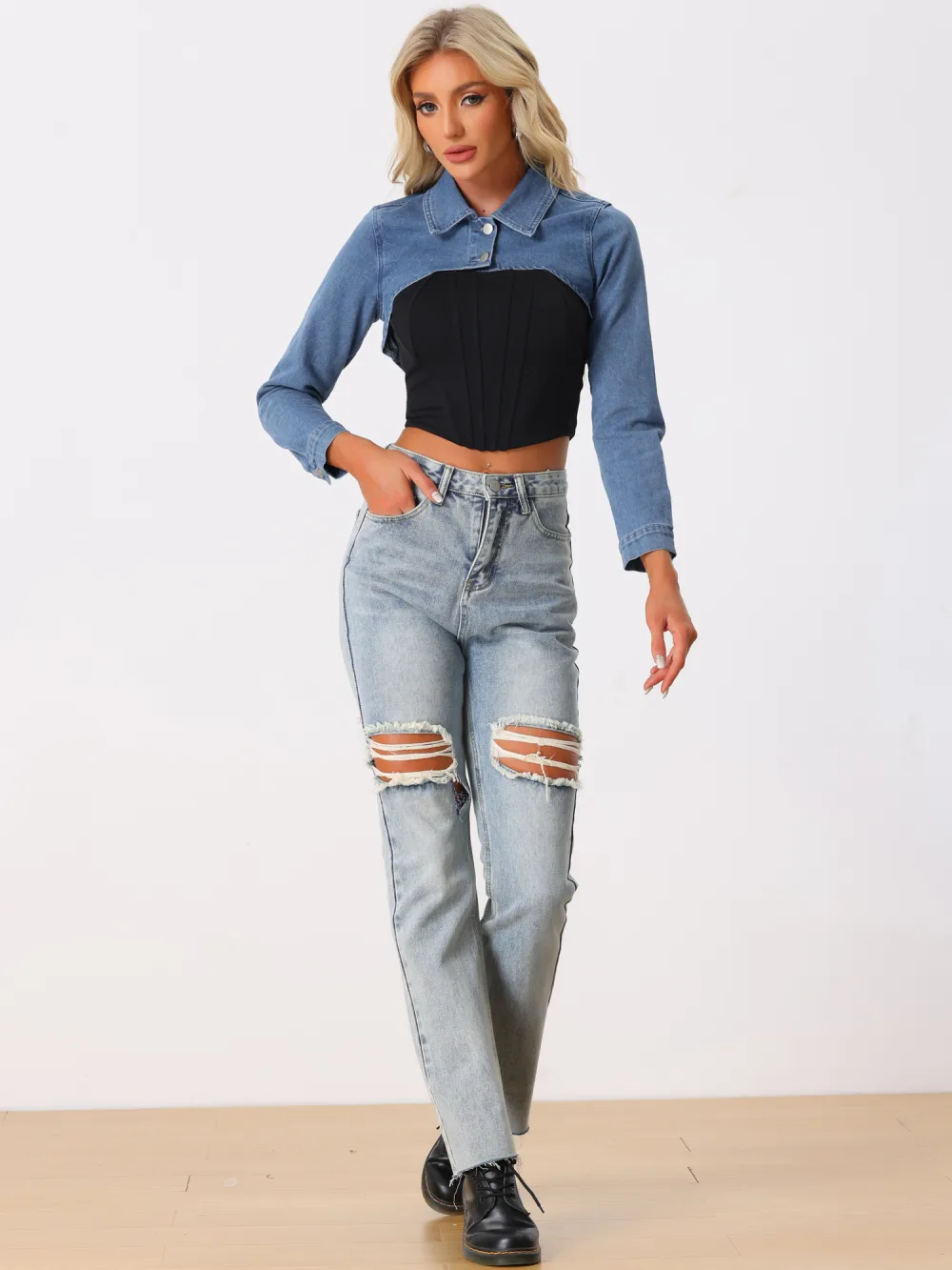 Allegra K- Button Long Sleeve Crop Denim Jackets