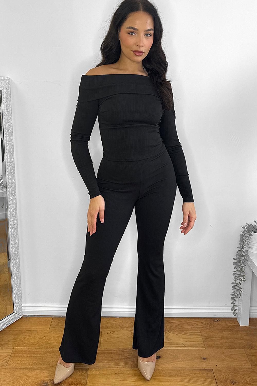 Bardot Neckline Ribbed Top And Trousers Set