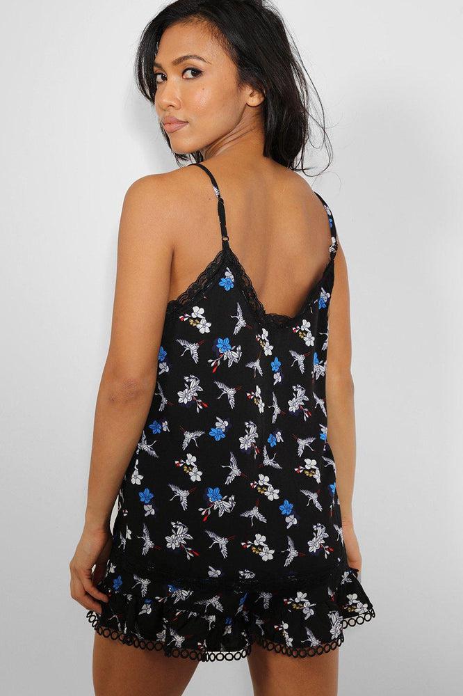 Black Flowers And Cranes Print 2 Piece Lounge Set