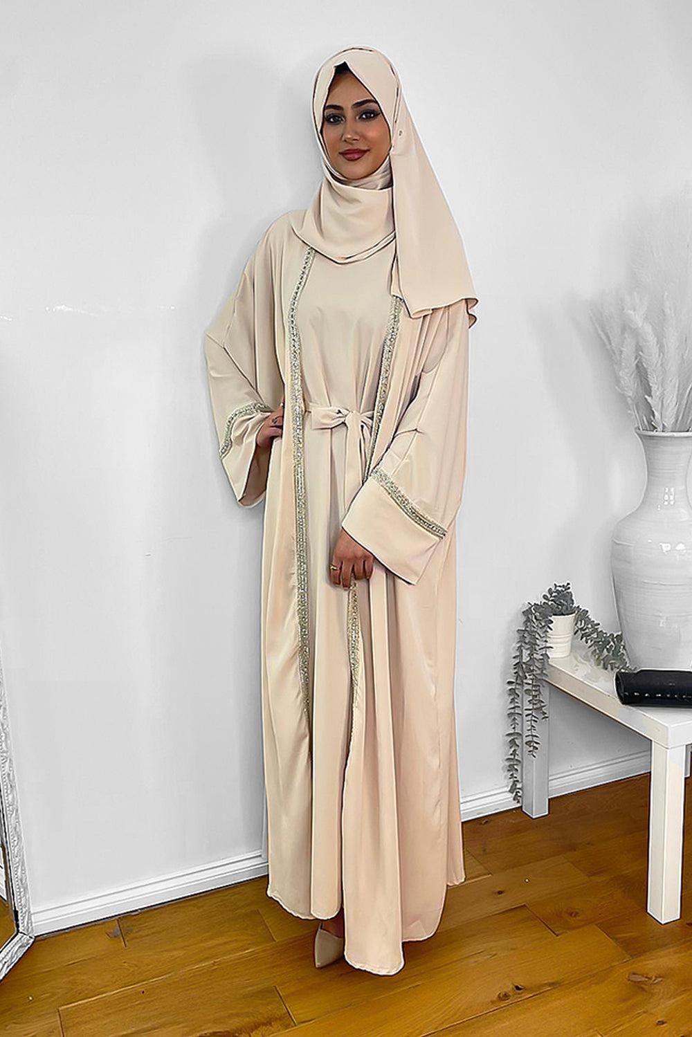 Crystals Embellished Trims Kaftan with Abaya and Hijab Modest Set