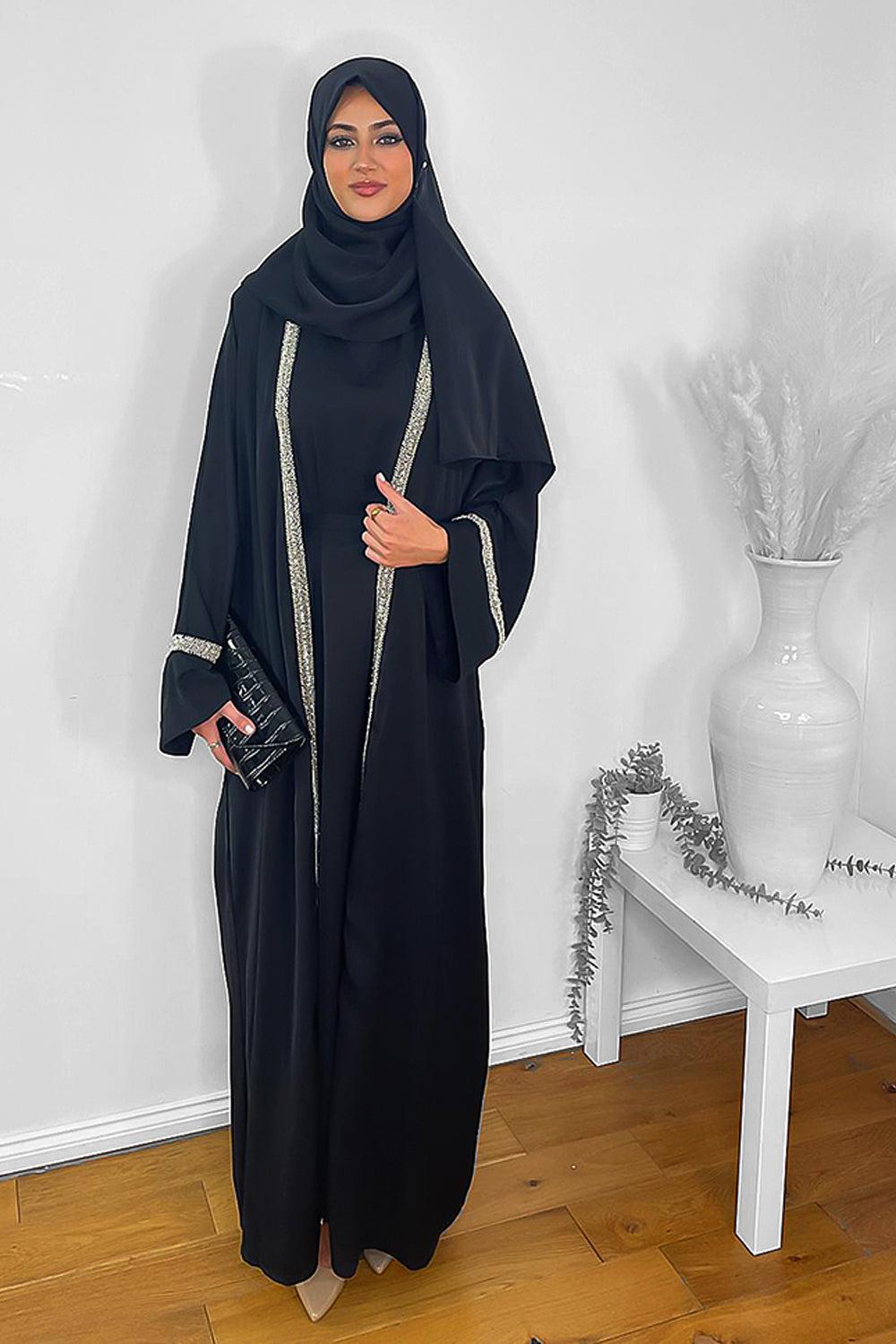 Crystals Embellished Trims Kaftan with Abaya and Hijab Modest Set