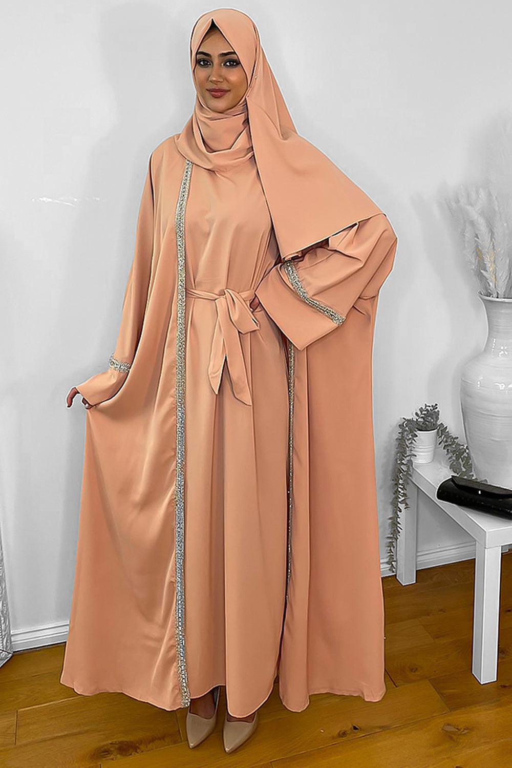 Crystals Embellished Trims Kaftan with Abaya and Hijab Modest Set