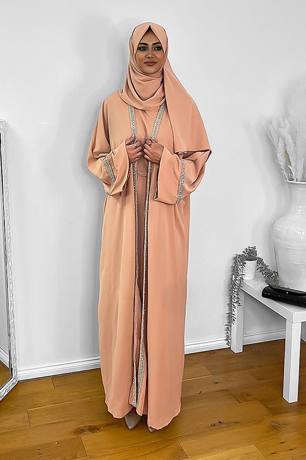 Crystals Embellished Trims Kaftan with Abaya and Hijab Modest Set