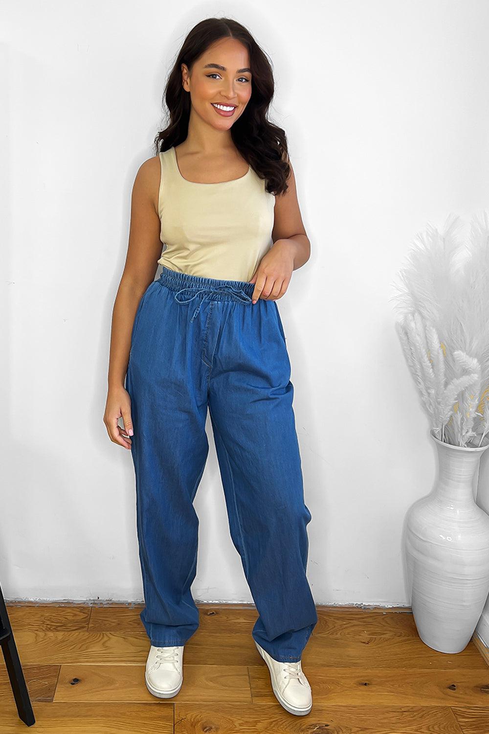 Denim Blue Wide Leg Lightweight Trousers