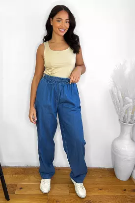 Denim Blue Wide Leg Lightweight Trousers