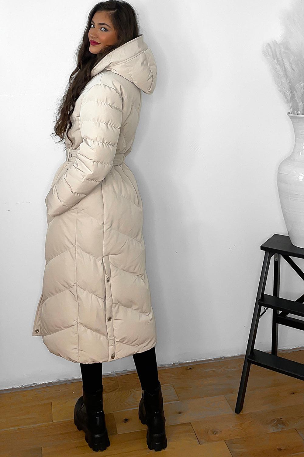 Drawstring Hood Belted Midi Puffer Jacket