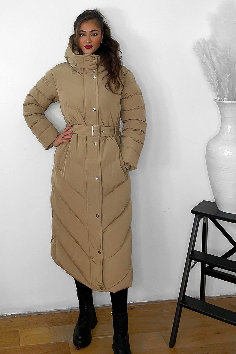 Drawstring Hood Belted Midi Puffer Jacket