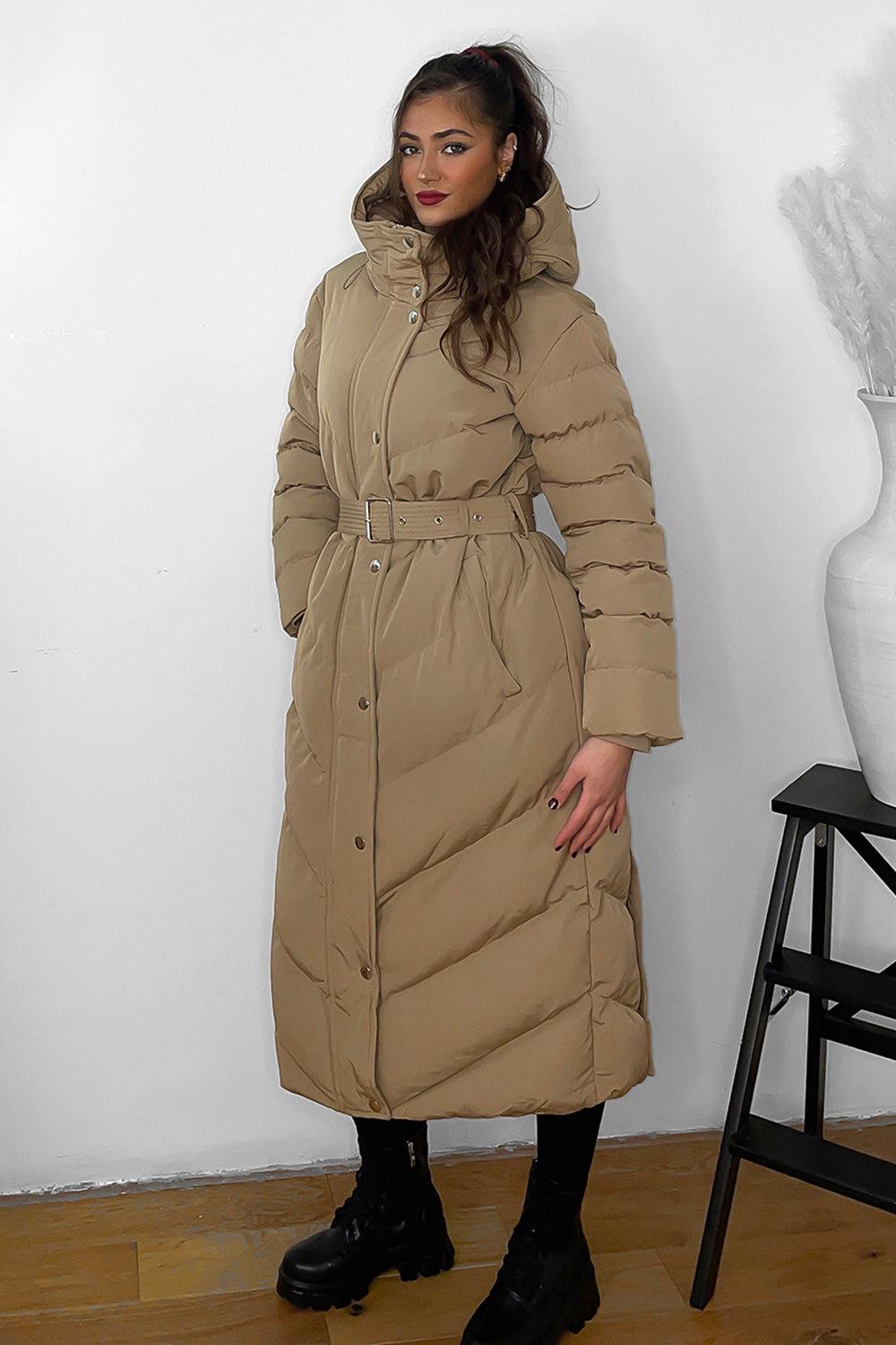 Drawstring Hood Belted Midi Puffer Jacket