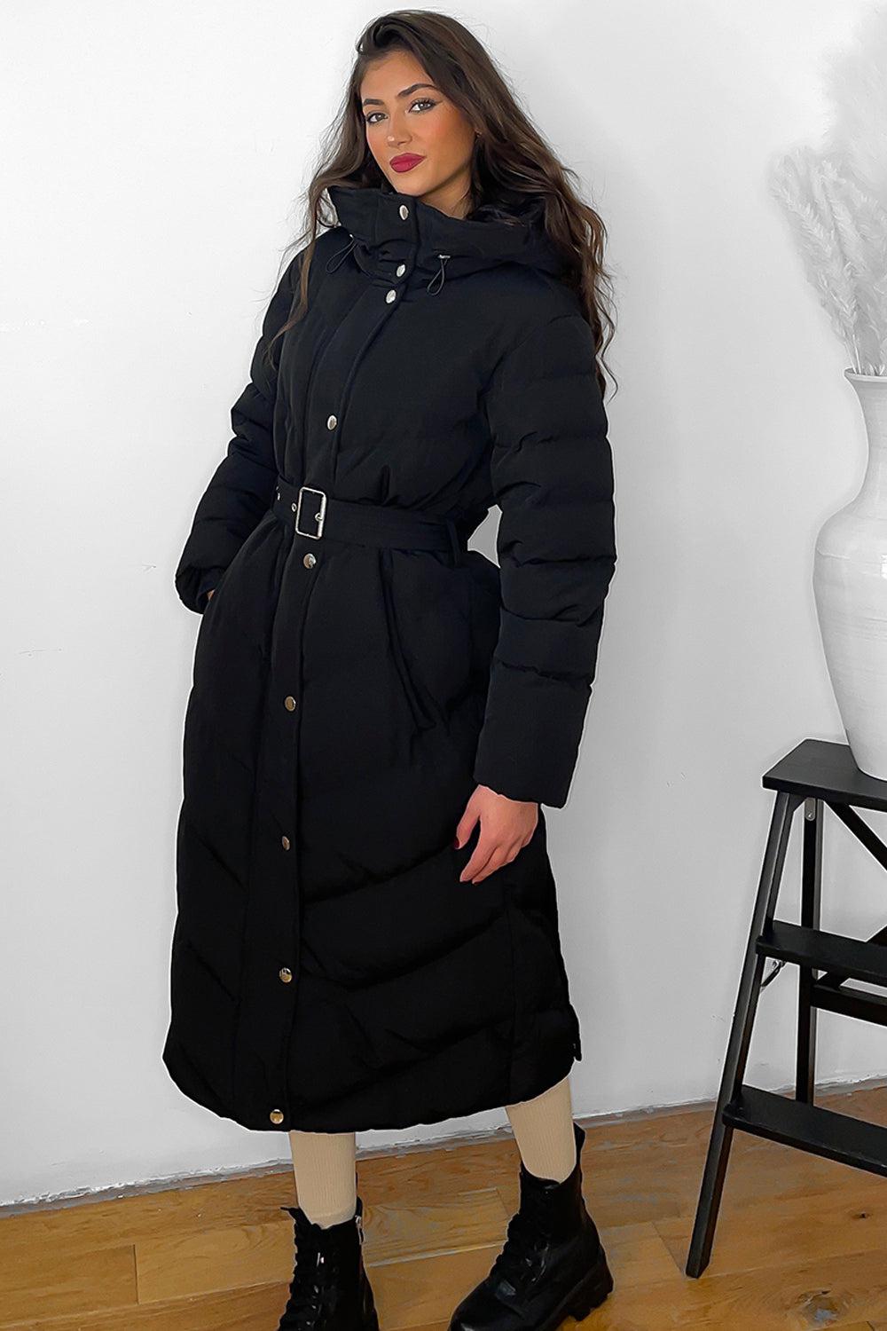 Drawstring Hood Belted Midi Puffer Jacket