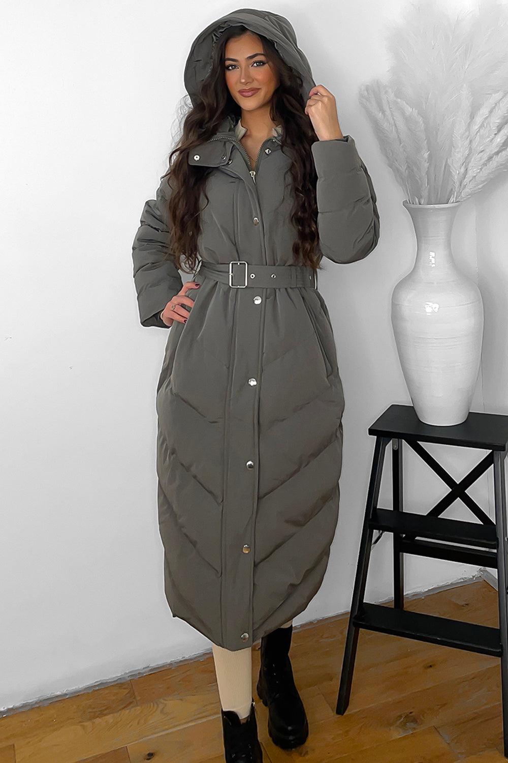 Drawstring Hood Belted Midi Puffer Jacket