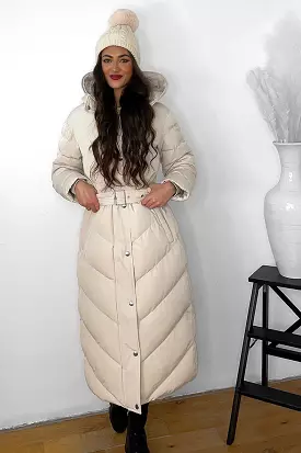 Drawstring Hood Belted Midi Puffer Jacket