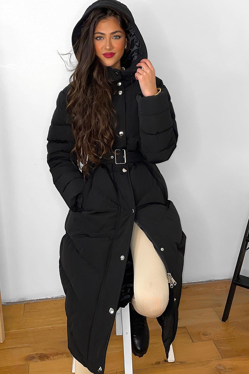 Drawstring Hood Belted Midi Puffer Jacket