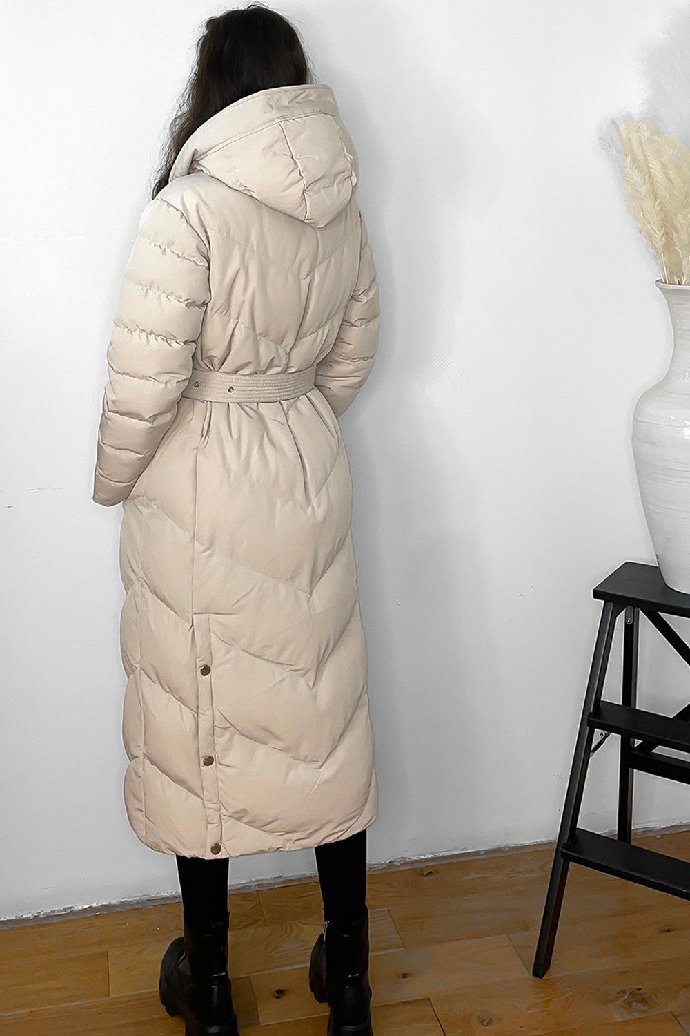 Drawstring Hood Belted Midi Puffer Jacket