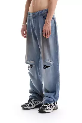 HEAVY BAGGY DISTRESSED DENIM LIGHT BLUE DIRT WASH