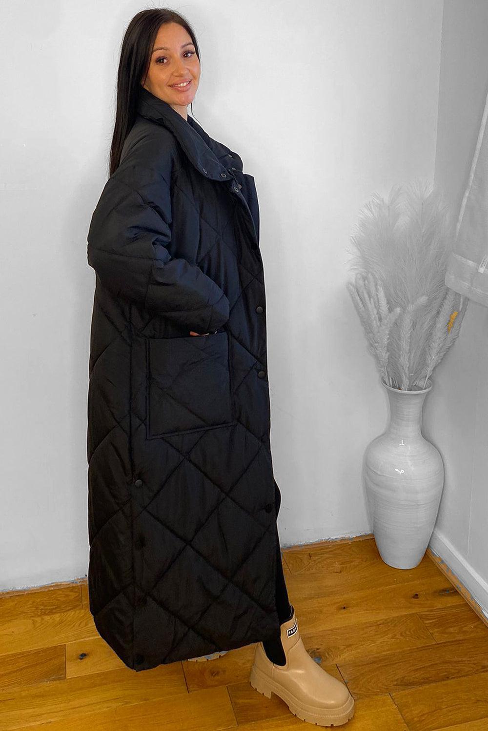 High Neck Quilted Midi Puffer Coat