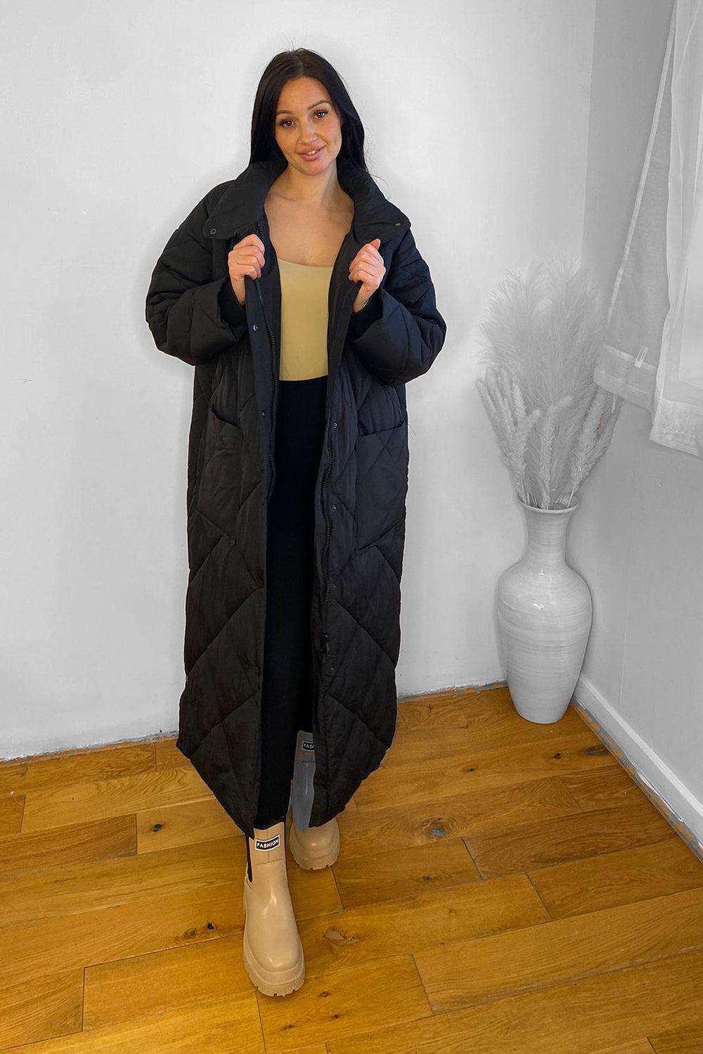 High Neck Quilted Midi Puffer Coat