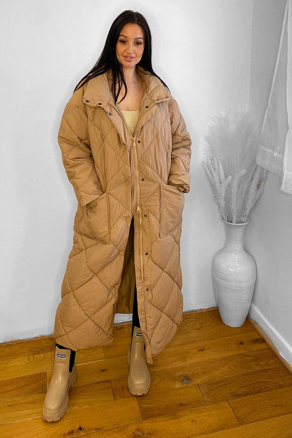 High Neck Quilted Midi Puffer Coat