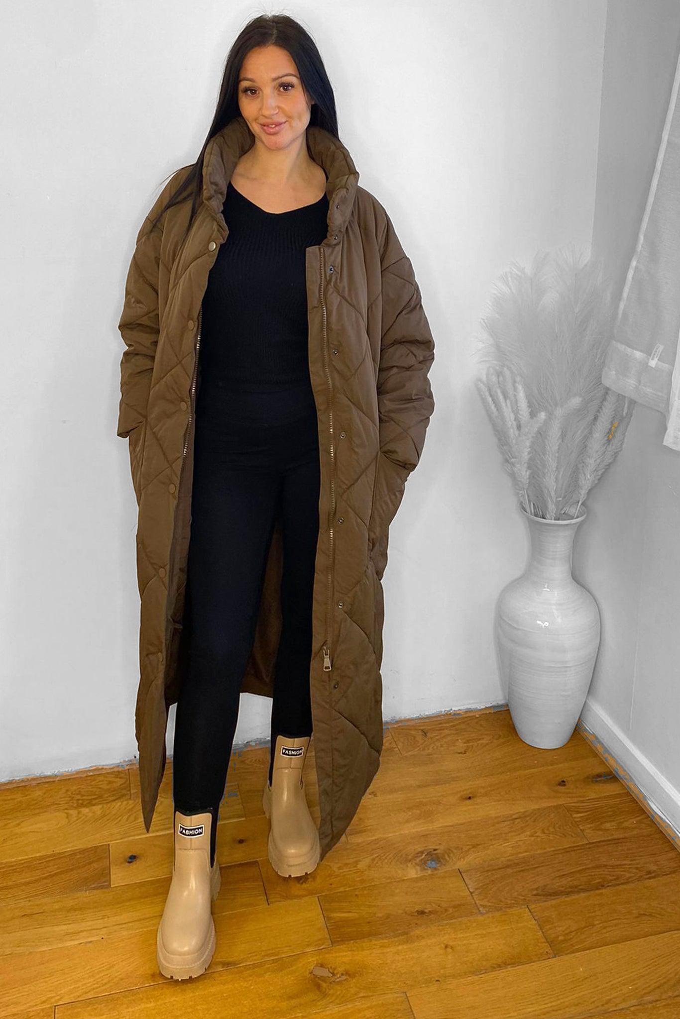 High Neck Quilted Midi Puffer Coat