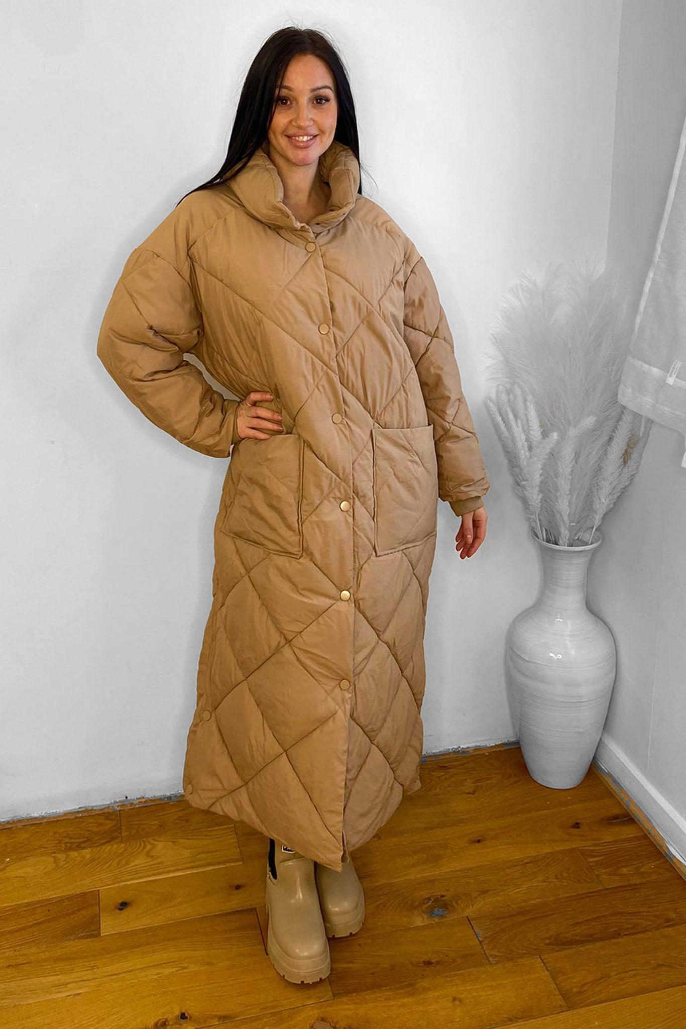 High Neck Quilted Midi Puffer Coat