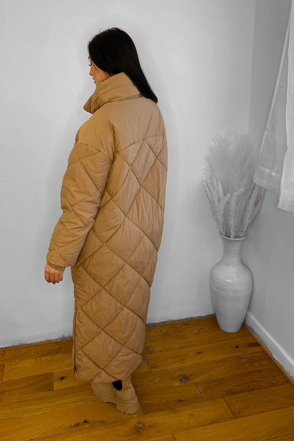 High Neck Quilted Midi Puffer Coat