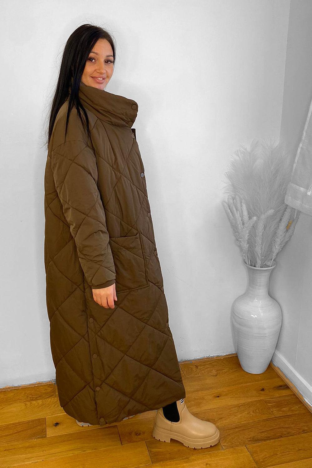 High Neck Quilted Midi Puffer Coat