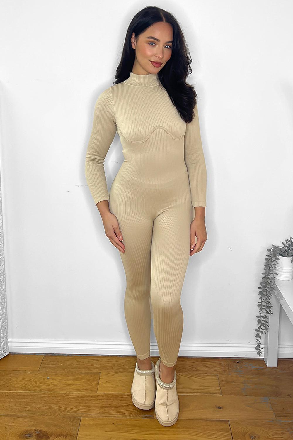 High Neck Underbust Seam Ribbed Onesie