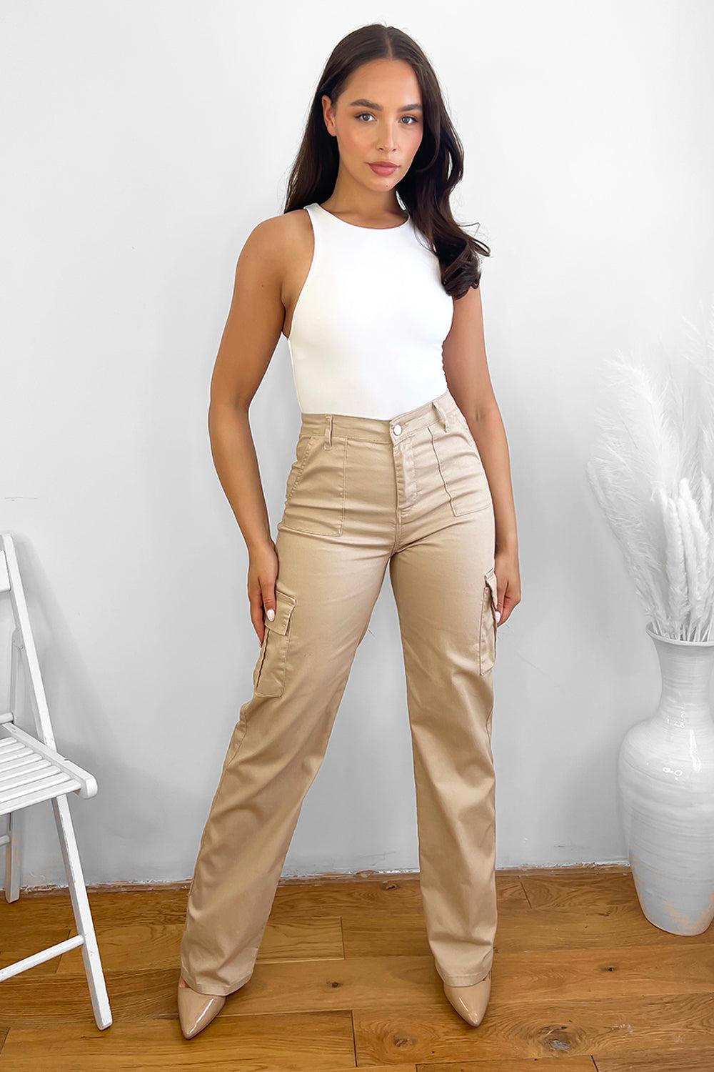 High Waisted Wide Leg Stretchy Cargo Trousers