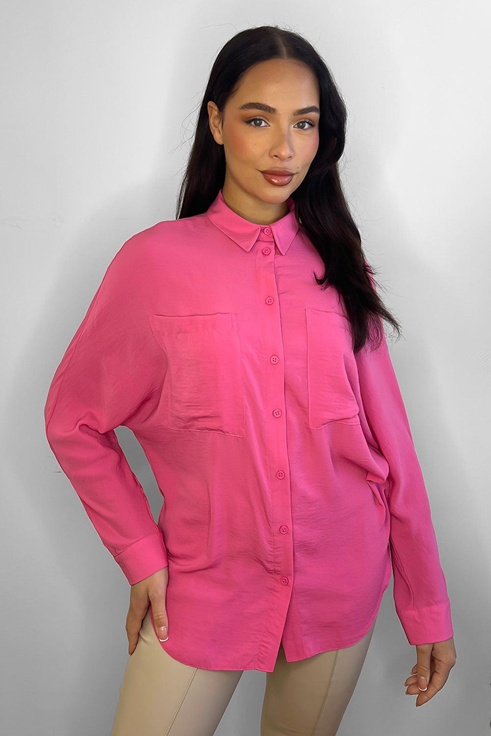 Hot Pink Crepe Open Chest Pockets Shirt