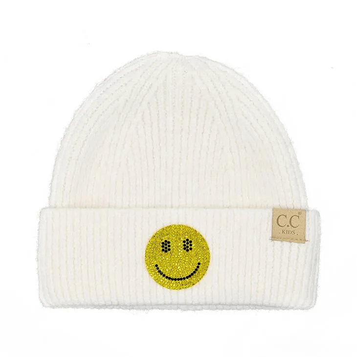 KIDS HAPPY FACE RHINESTONE PATCH CUFF BEANIE | IVY