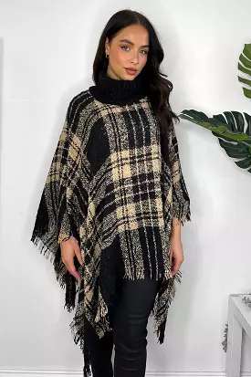 Knitted Large Collar Checked Knitted Poncho