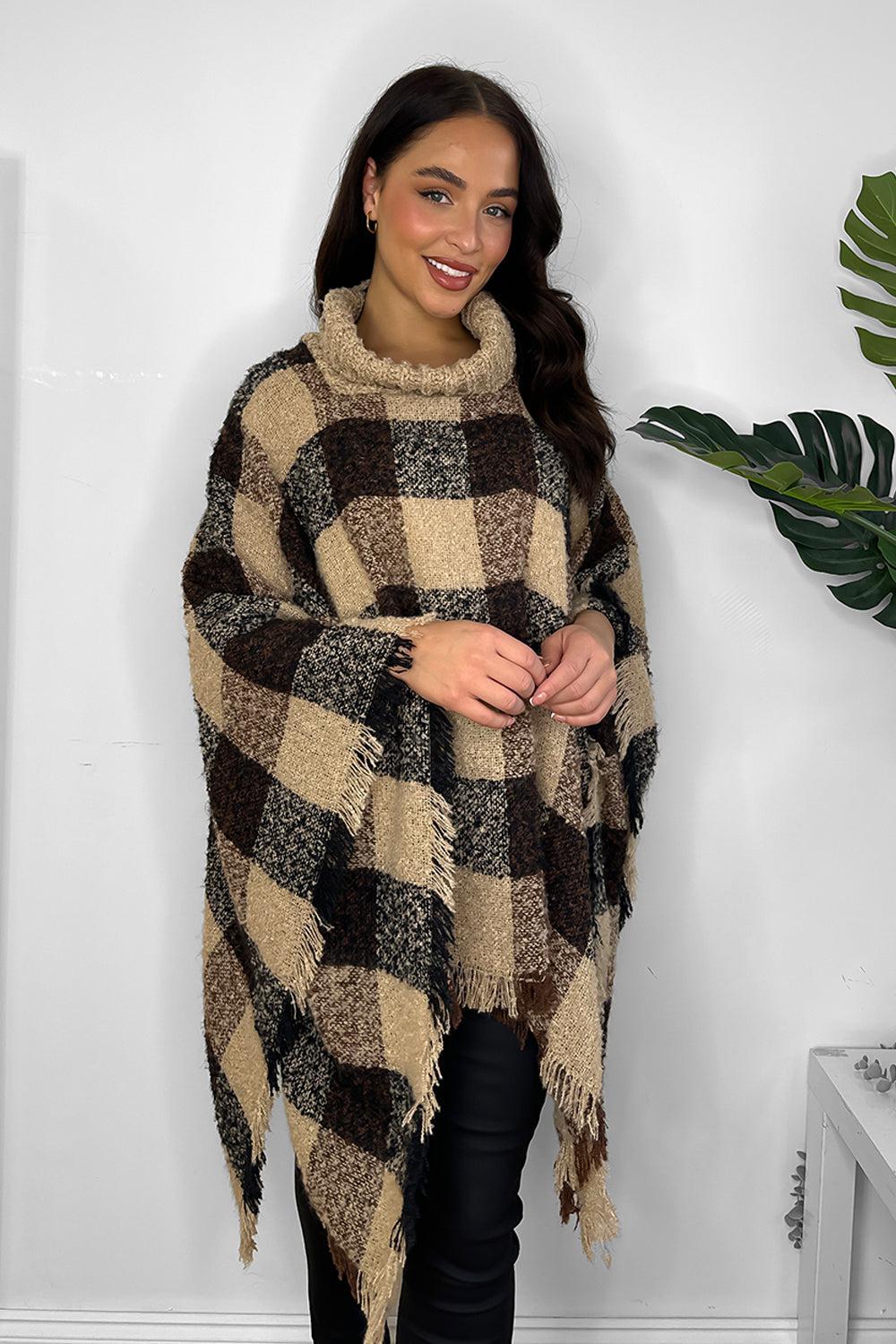 Knitted Large Collar Checked Knitted Poncho