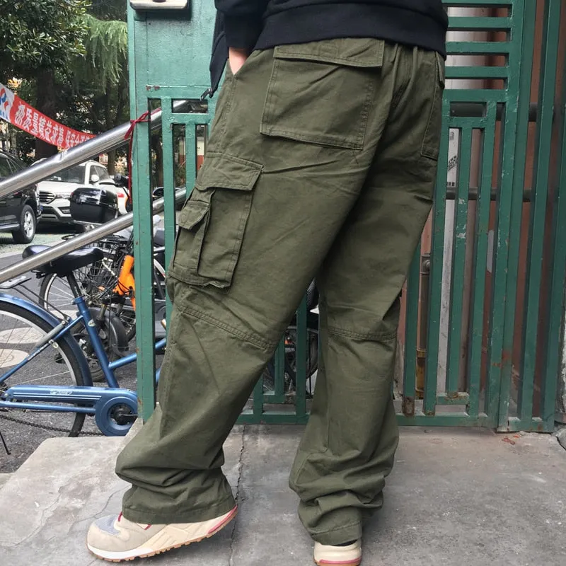 Men's Casual Elastic Waist Multi Pocket Button Fly Closure Cargo Pants