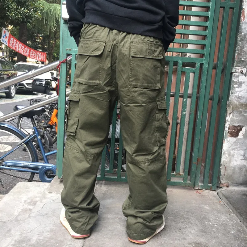 Men's Casual Elastic Waist Multi Pocket Button Fly Closure Cargo Pants