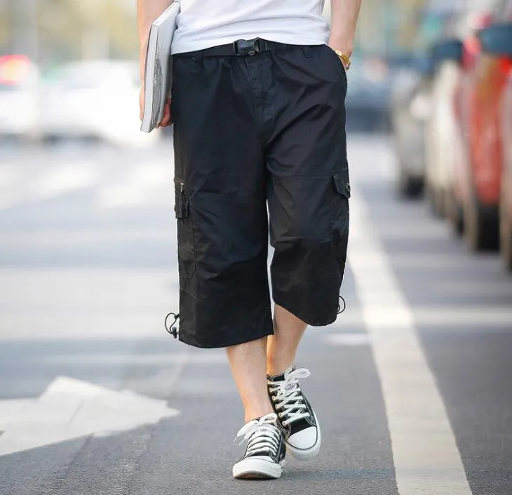 Men's Summer Polyester Elastic Waist Cropped Loose Leisure Cargo Shorts