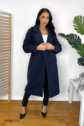 Navy Boucle Peak Collar Midi Coat