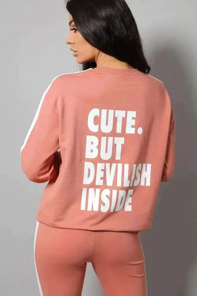 Peach Slogan Back Side Twin Stripe Detail 2 Piece Tracksuit