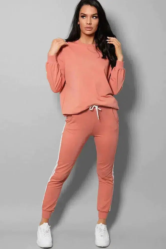 Peach Slogan Back Side Twin Stripe Detail 2 Piece Tracksuit