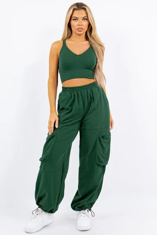 V Neck Crop Tank And Cargo Jogger Set