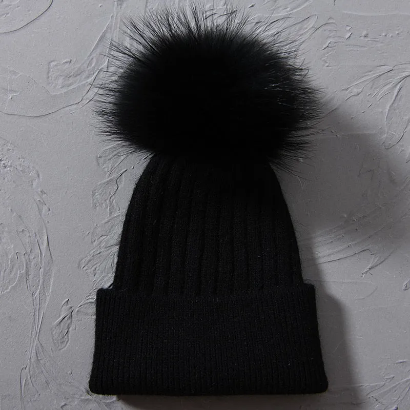 Women's Raccoon Fur Wool Patchwork Knitted Pompon Beanie Hat