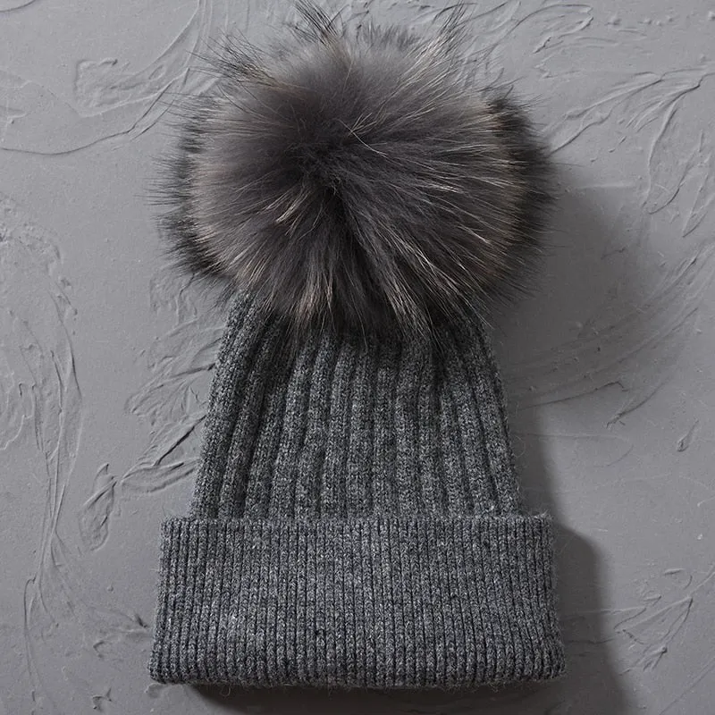 Women's Raccoon Fur Wool Patchwork Knitted Pompon Beanie Hat