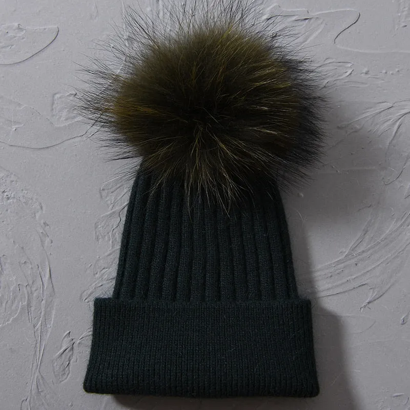 Women's Raccoon Fur Wool Patchwork Knitted Pompon Beanie Hat