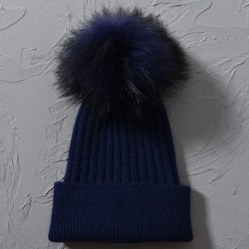 Women's Raccoon Fur Wool Patchwork Knitted Pompon Beanie Hat