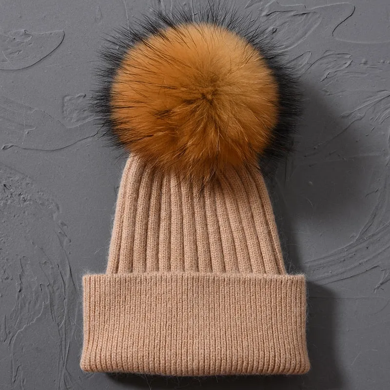 Women's Raccoon Fur Wool Patchwork Knitted Pompon Beanie Hat