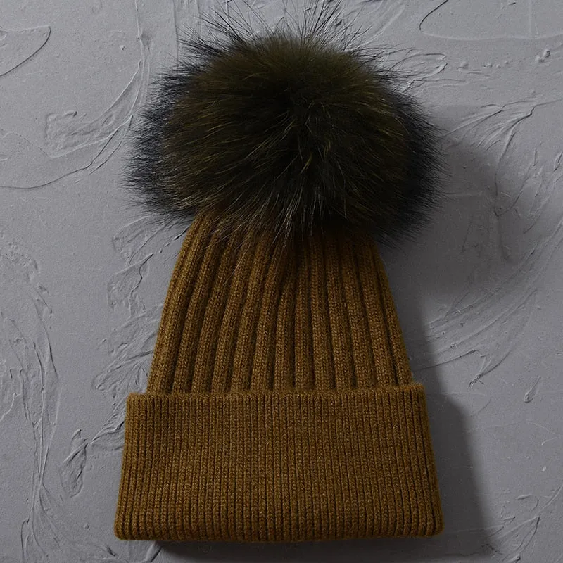 Women's Raccoon Fur Wool Patchwork Knitted Pompon Beanie Hat