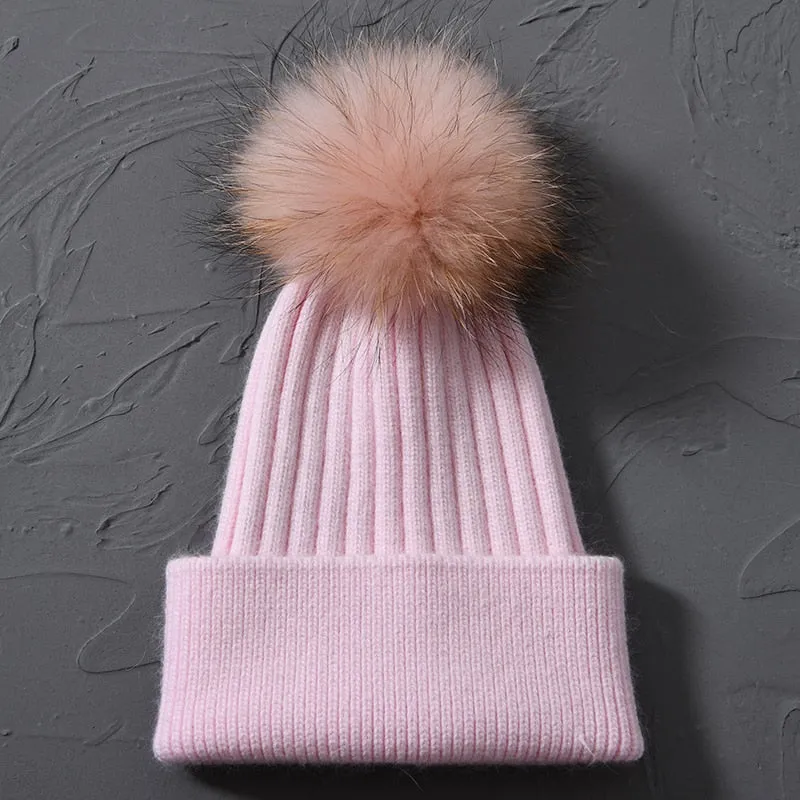 Women's Raccoon Fur Wool Patchwork Knitted Pompon Beanie Hat