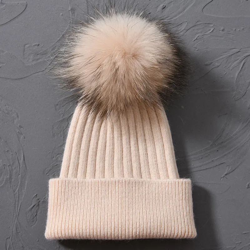 Women's Raccoon Fur Wool Patchwork Knitted Pompon Beanie Hat