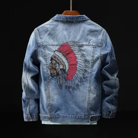 Xituodai Fashion Streetwear Men Jacket Retro Blue Indian Chief Embroidery Denim Jackets Men Size M-6XL Hip Hop Punk Coats