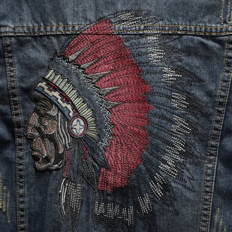 Xituodai Fashion Streetwear Men Jacket Retro Blue Indian Chief Embroidery Denim Jackets Men Size M-6XL Hip Hop Punk Coats